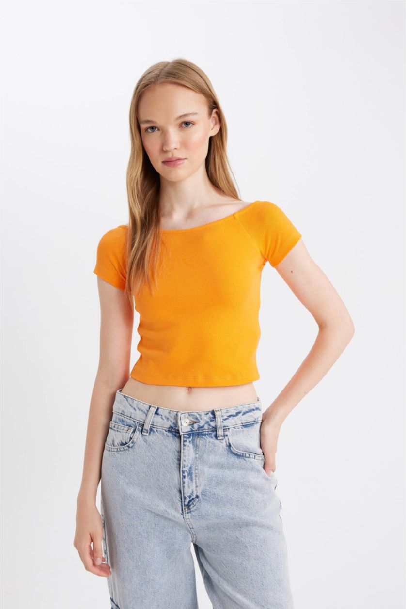 FEMME Orange T-Shirt Slim à Manches Courtes