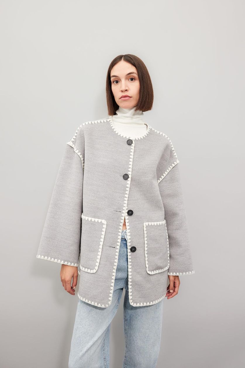 Kadın Antrasit Relax Fit Cepli Düğmeli Çoban Dikişli Kaşe Mont