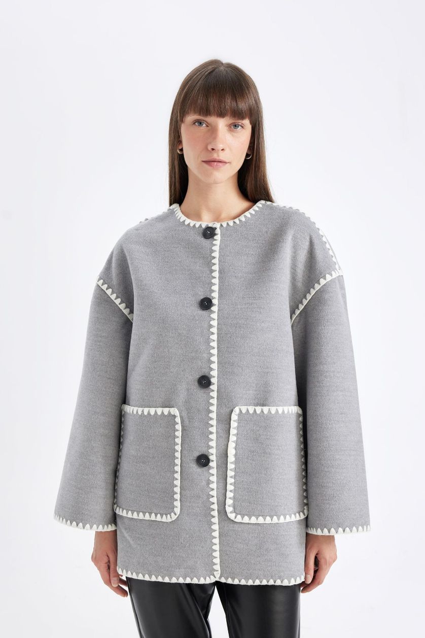 Kadın Antrasit Relax Fit Cepli Düğmeli Çoban Dikişli Kaşe Mont