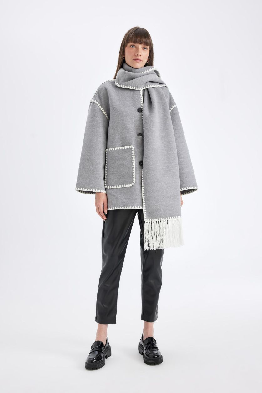 Kadın Antrasit Relax Fit Cepli Düğmeli Çoban Dikişli Kaşe Mont