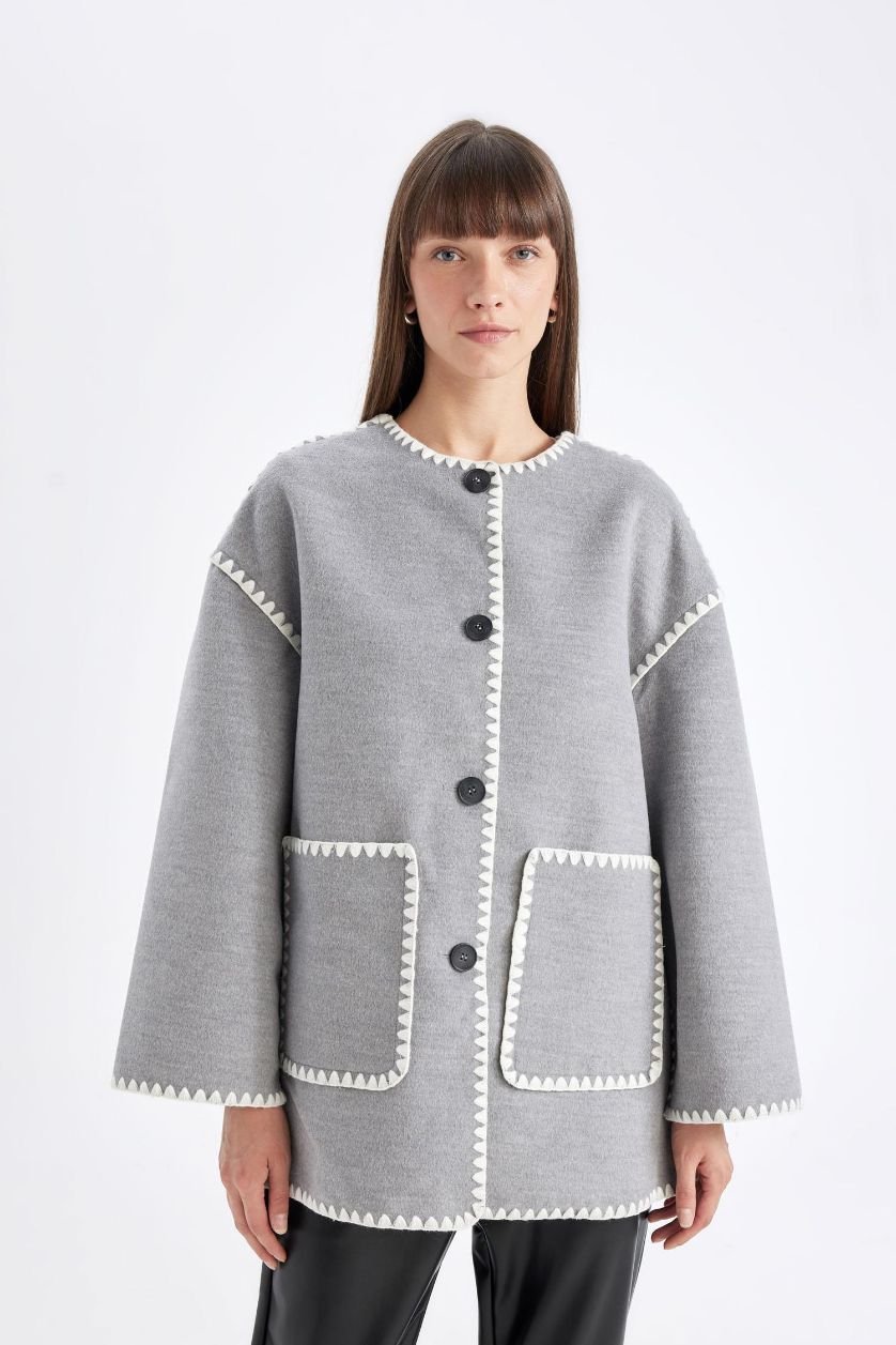 Kadın Antrasit Relax Fit Cepli Düğmeli Çoban Dikişli Kaşe Mont