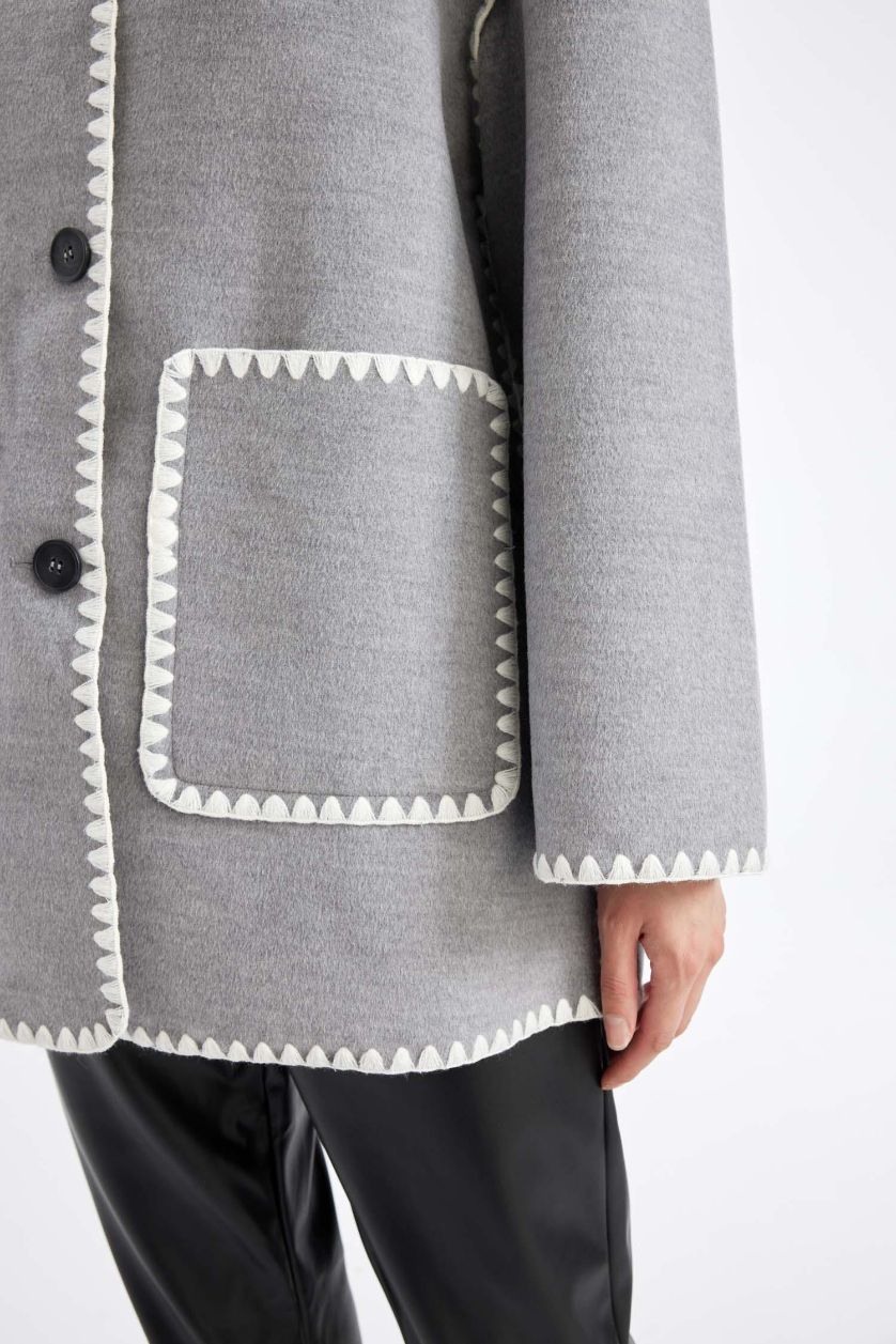 Kadın Antrasit Relax Fit Cepli Düğmeli Çoban Dikişli Kaşe Mont