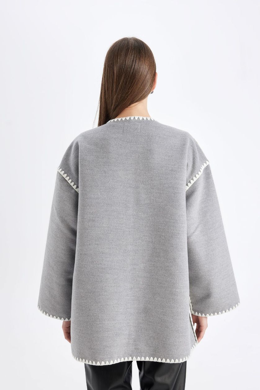 Kadın Antrasit Relax Fit Cepli Düğmeli Çoban Dikişli Kaşe Mont