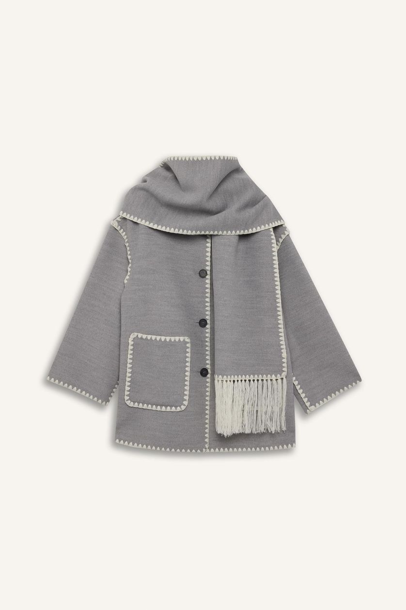 Kadın Antrasit Relax Fit Cepli Düğmeli Çoban Dikişli Kaşe Mont