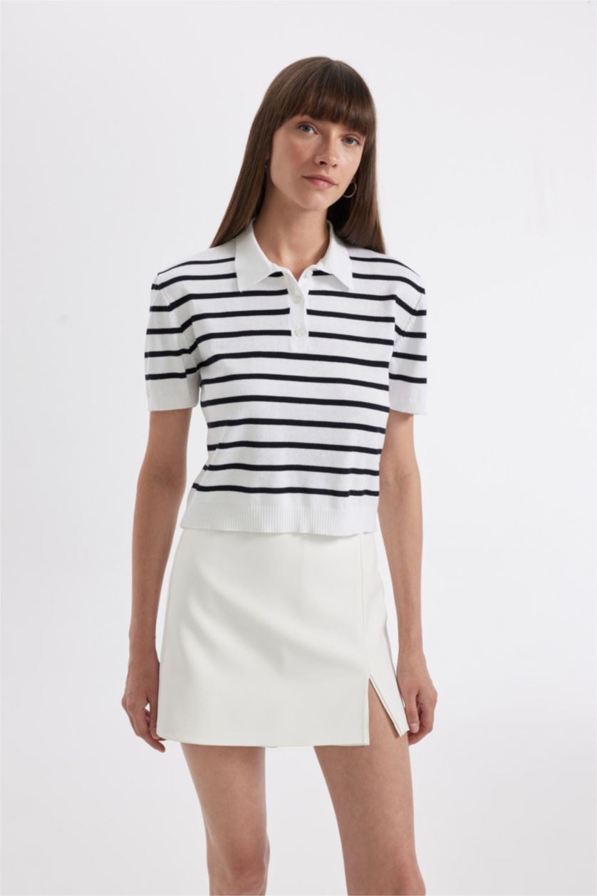 Kadın Ekru Regular Fit Polo Yaka Çizgili Kısa Kollu Triko Kazak