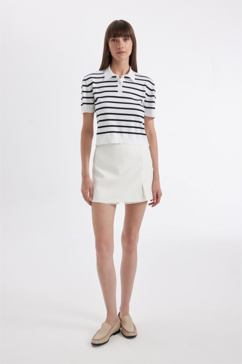 Kadın Ekru Regular Fit Polo Yaka Çizgili Kısa Kollu Triko Kazak
