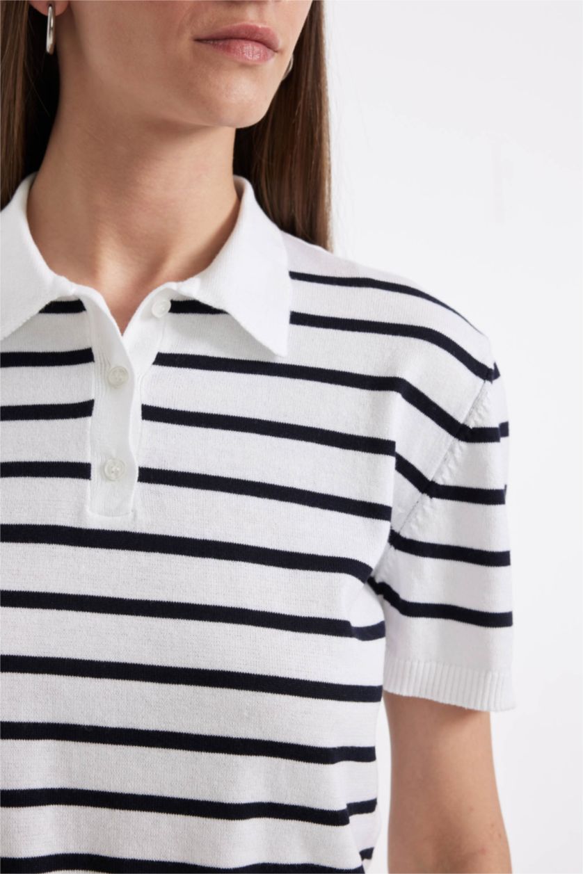 Kadın Ekru Regular Fit Polo Yaka Çizgili Kısa Kollu Triko Kazak