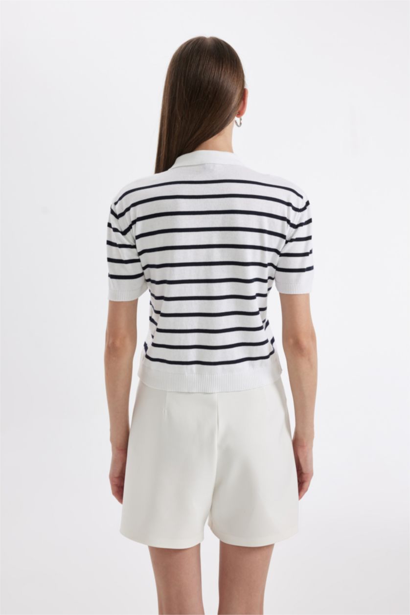 Kadın Ekru Regular Fit Polo Yaka Çizgili Kısa Kollu Triko Kazak
