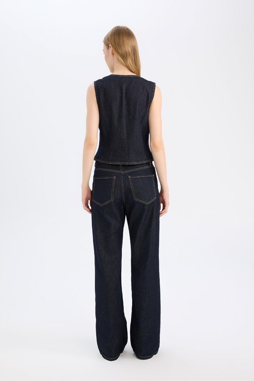 Kadın Koyu Mavi Straight Wide Fit Yüksek Bel Geniş Bol Paça Uzun Jean Pantolon