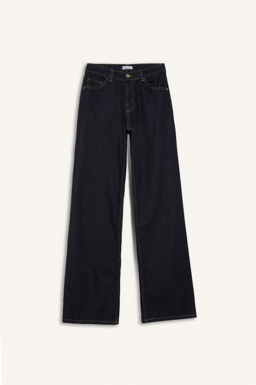 Kadın Koyu Mavi Straight Wide Fit Yüksek Bel Geniş Bol Paça Uzun Jean Pantolon