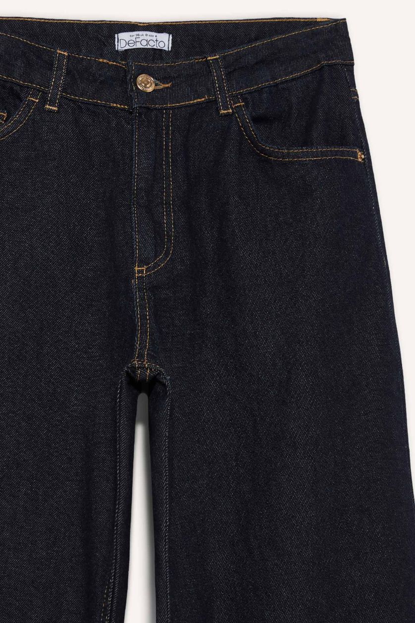 Kadın Koyu Mavi Straight Wide Fit Yüksek Bel Geniş Bol Paça Uzun Jean Pantolon