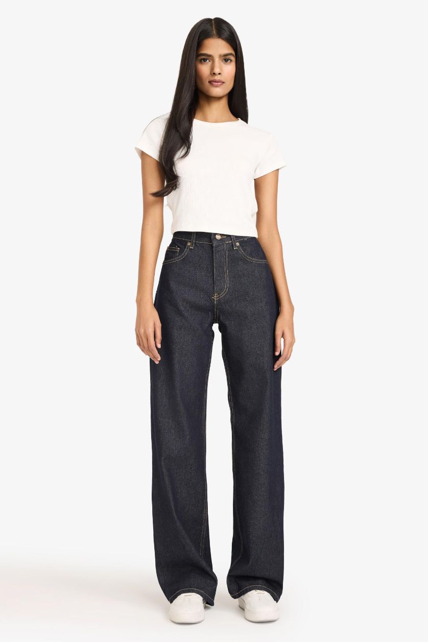 Kadın Mavi Siyah Straight Wide Fit Yüksek Bel Geniş Bol Paça Uzun Jean Pantolon