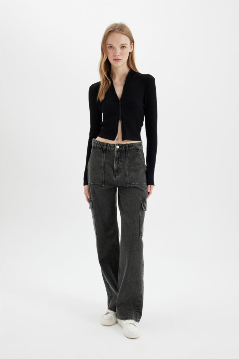 FEMME Noir Cardigan court basique zippé à col montant