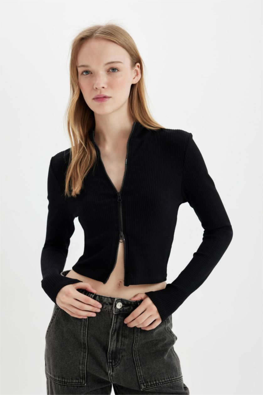 FEMME Noir Cardigan court basique zippé à col montant