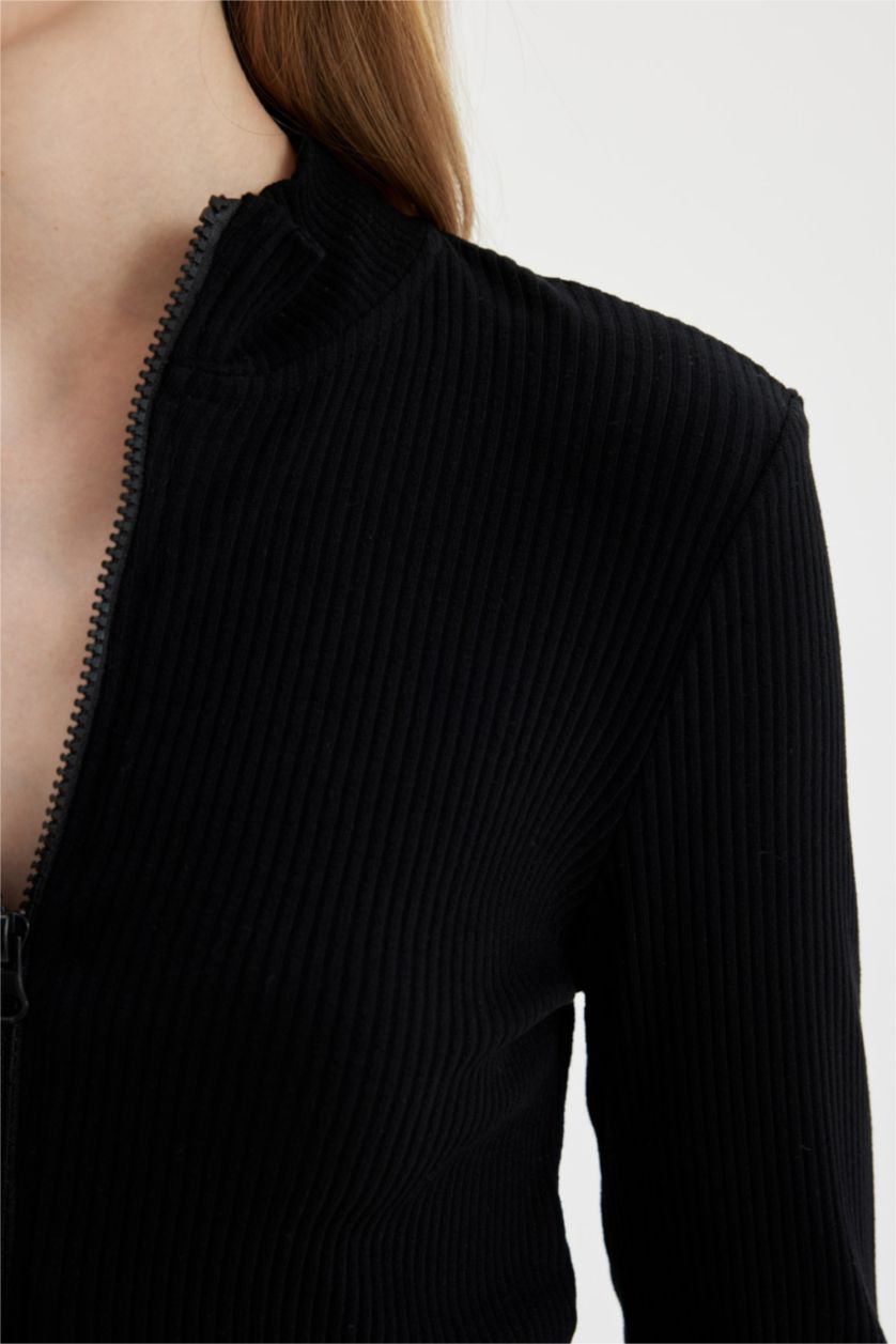 FEMME Noir Cardigan court basique zippé à col montant