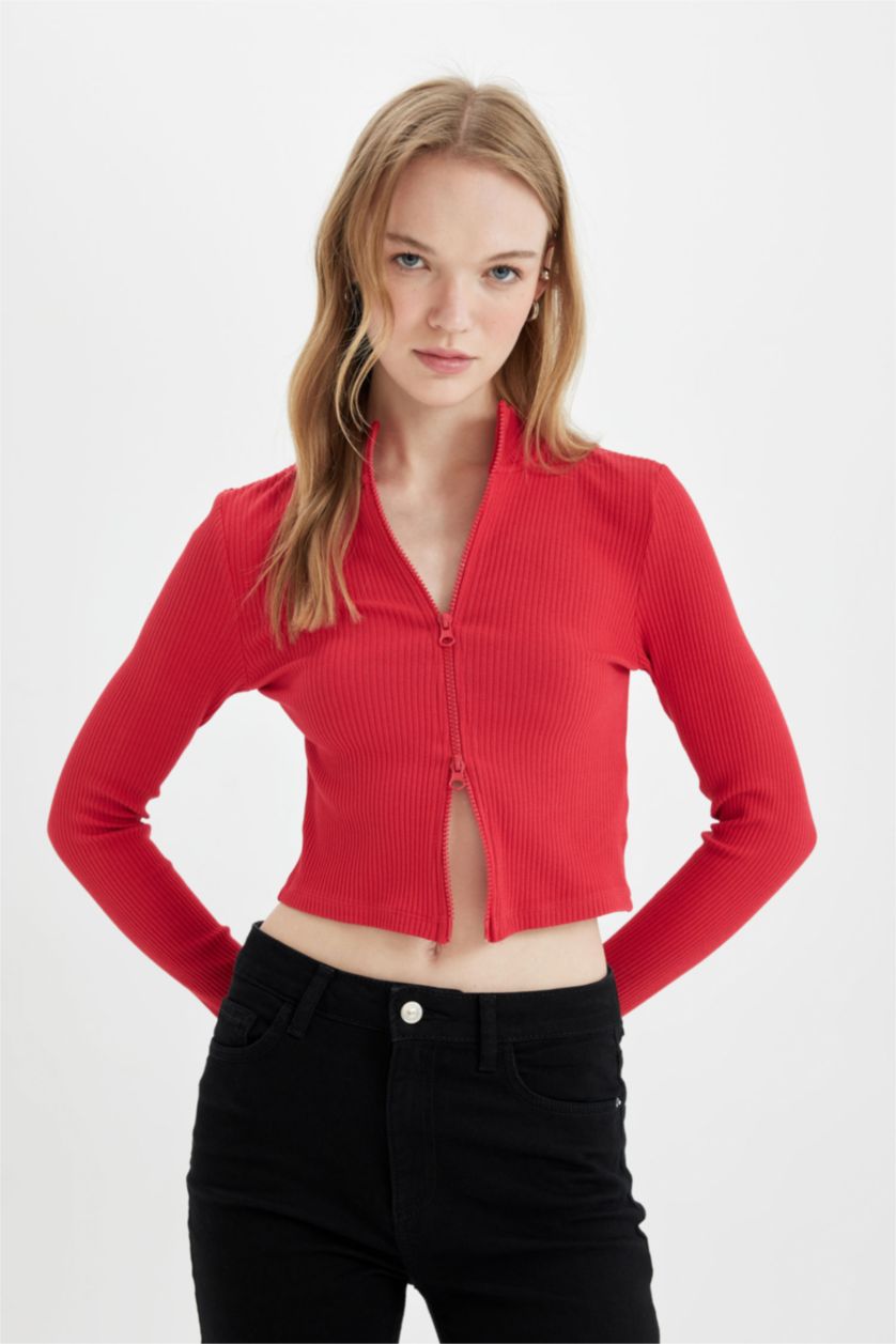 نساء أحمر Slim Fit High Neck Camisole Zip-Up Cardigan
