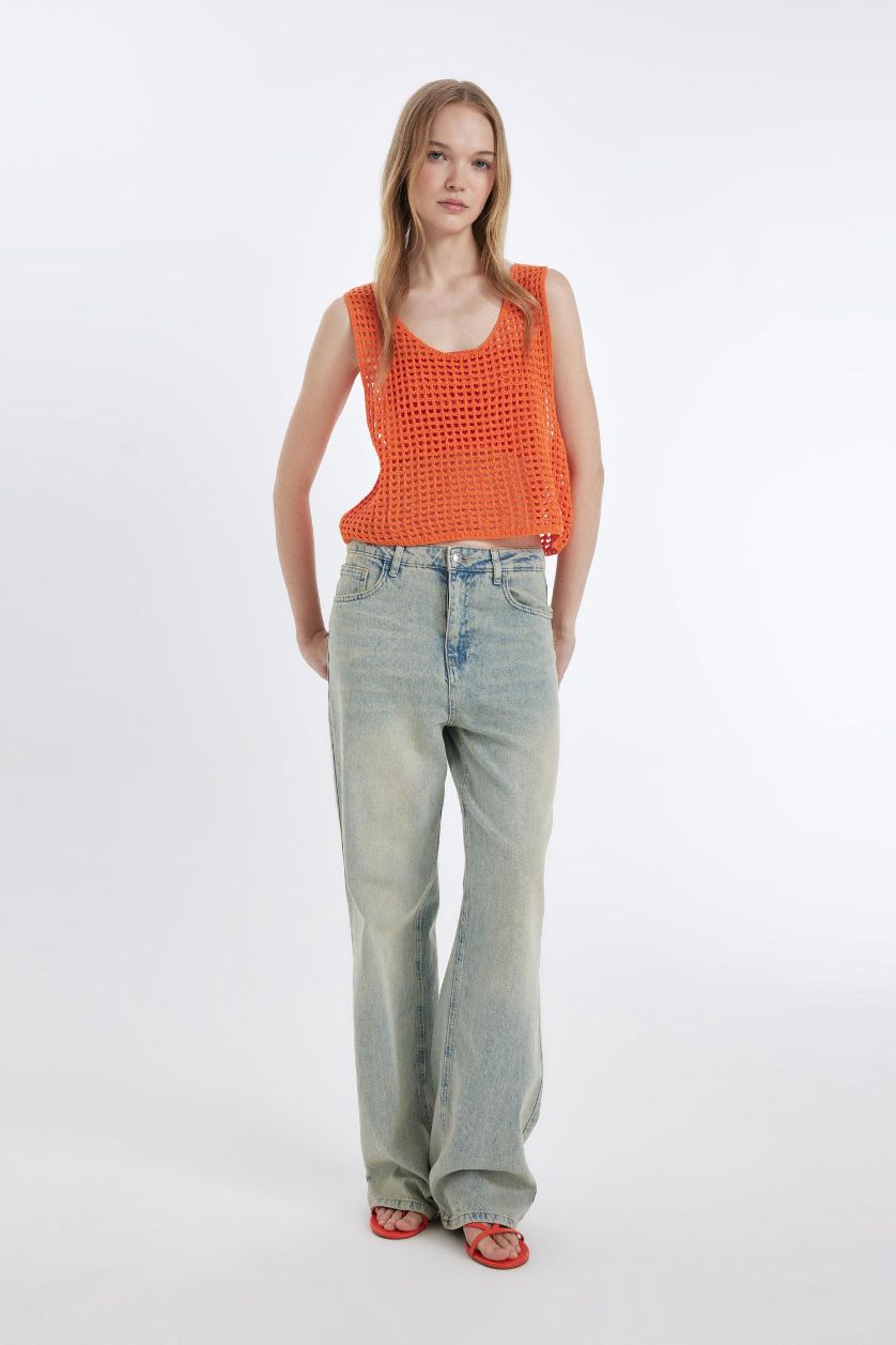 Kadın Turuncu Coool V Yaka Kroşe Triko Atlet