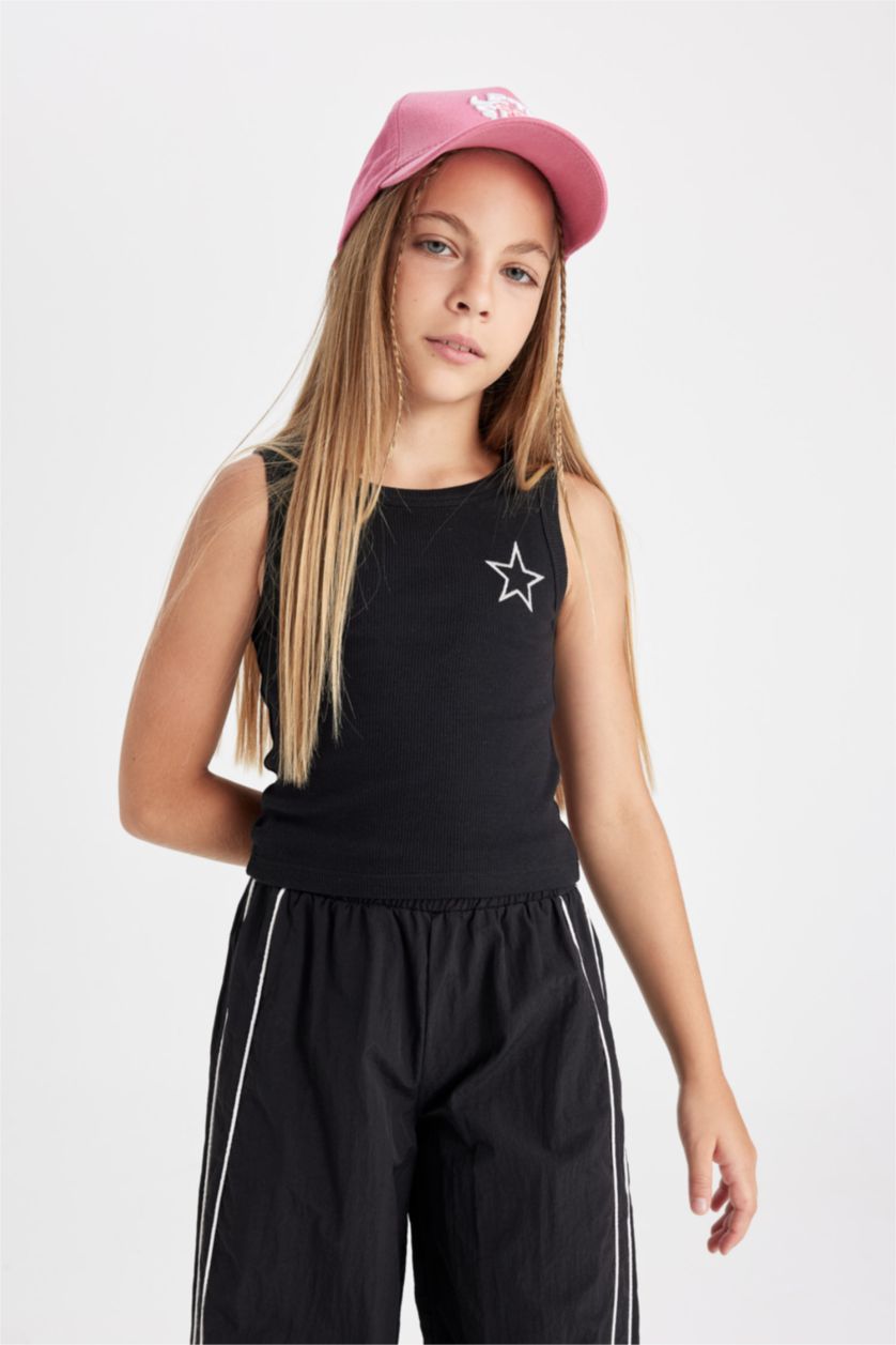 Kız Çocuk - Genç Kız Siyah Bisiklet Yaka Yıldız Desenli Atlet Kız Çocuk