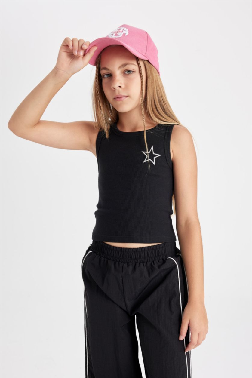 Kız Çocuk - Genç Kız Siyah Bisiklet Yaka Yıldız Desenli Atlet Kız Çocuk