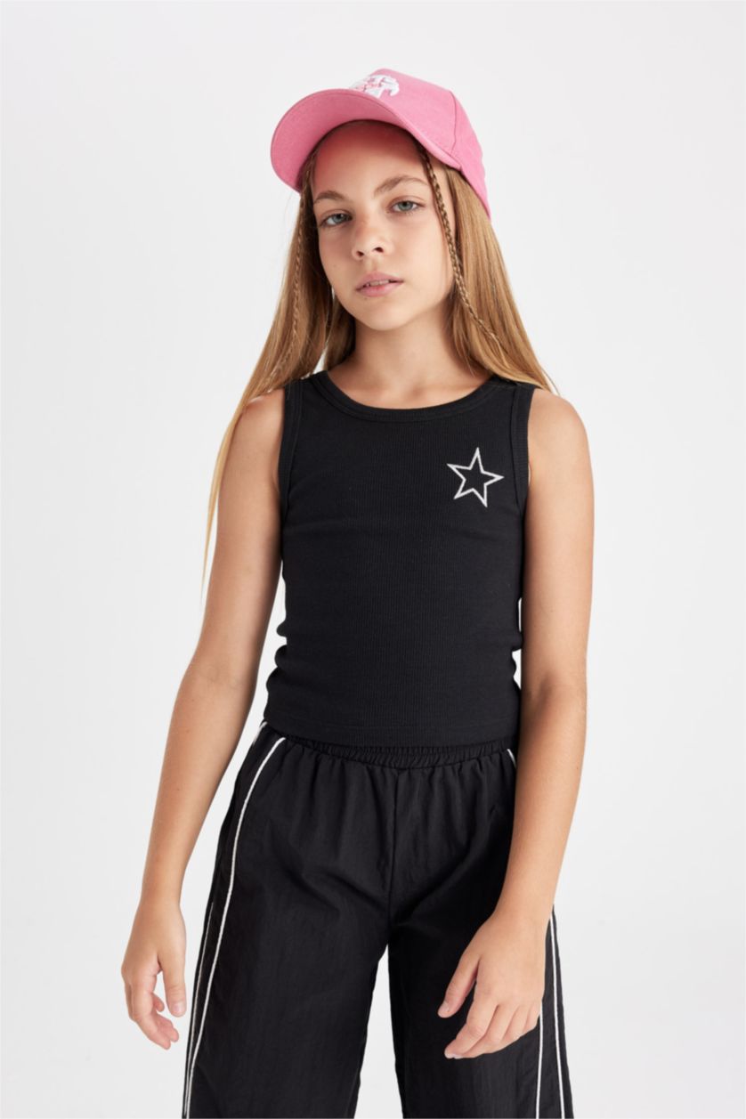 Kız Çocuk - Genç Kız Siyah Bisiklet Yaka Yıldız Desenli Atlet Kız Çocuk