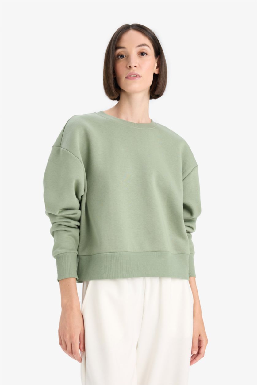 FEMME Kaki Clair Sweatshirt en tissu épais à Col rond et Coupe boxy