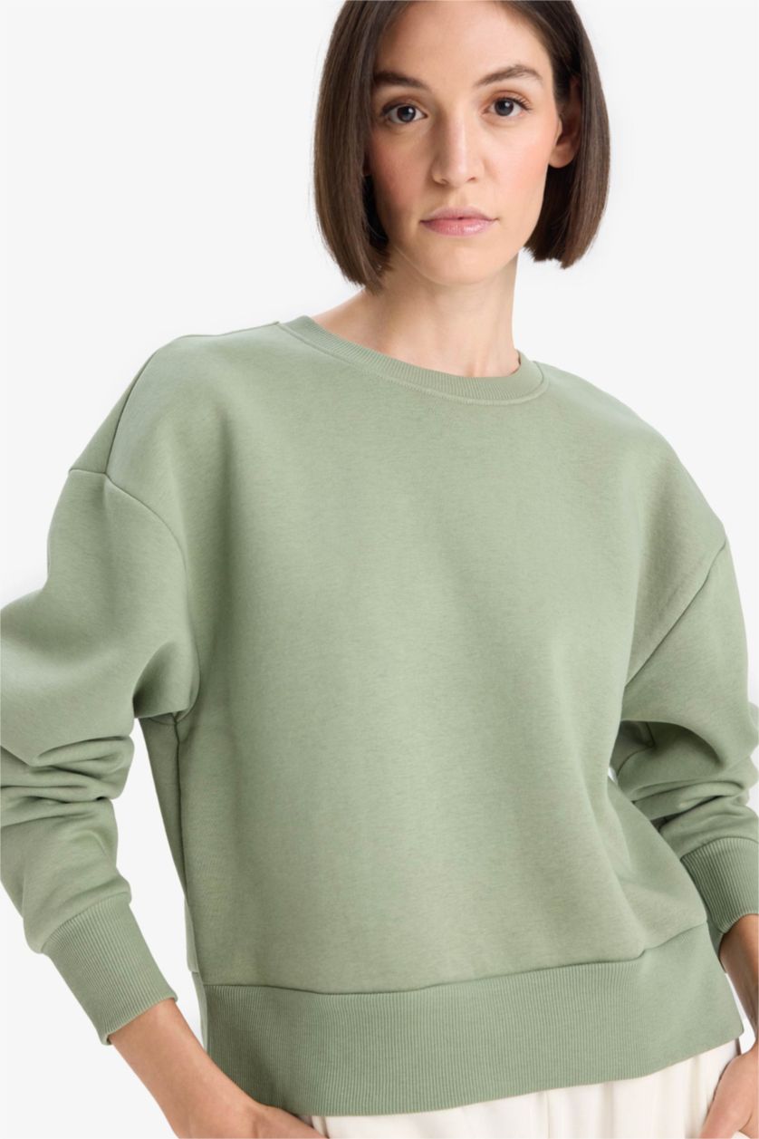 FEMME Kaki Clair Sweatshirt en tissu épais à Col rond et Coupe boxy