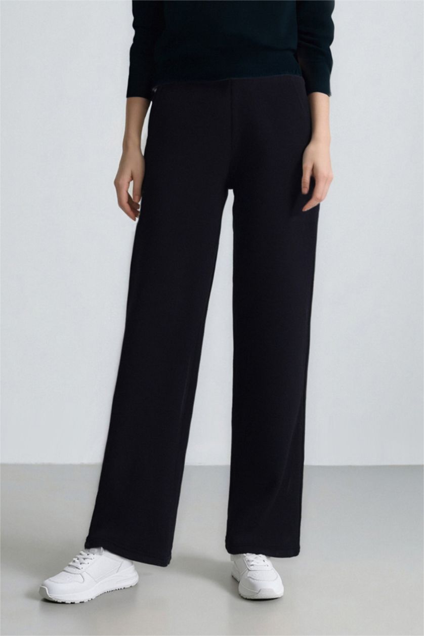 WOMAN Black Straight Fit Basic Thick Sweatshirt Fabric Trousers