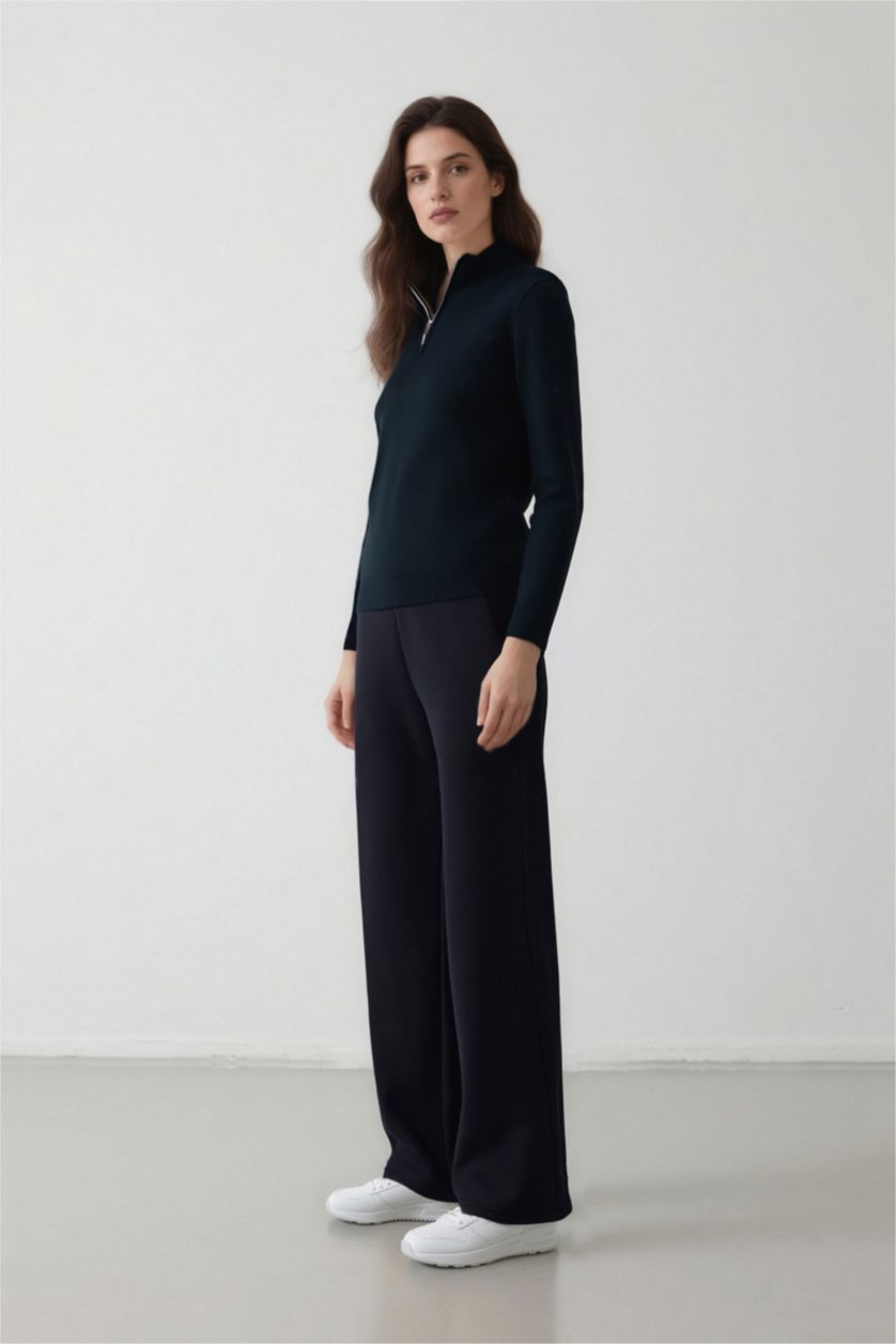 WOMAN Black Straight Fit Basic Thick Sweatshirt Fabric Trousers