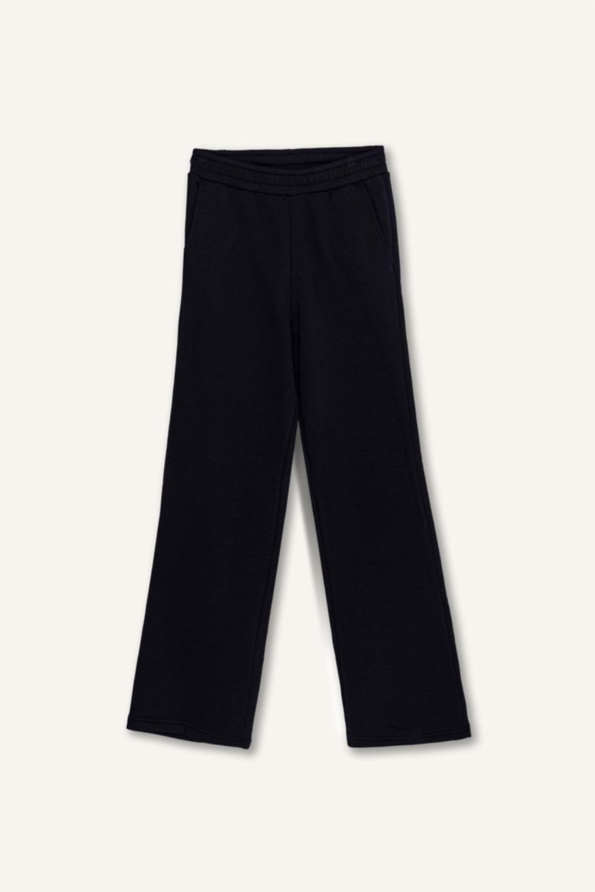 WOMAN Black Straight Fit Basic Thick Sweatshirt Fabric Trousers