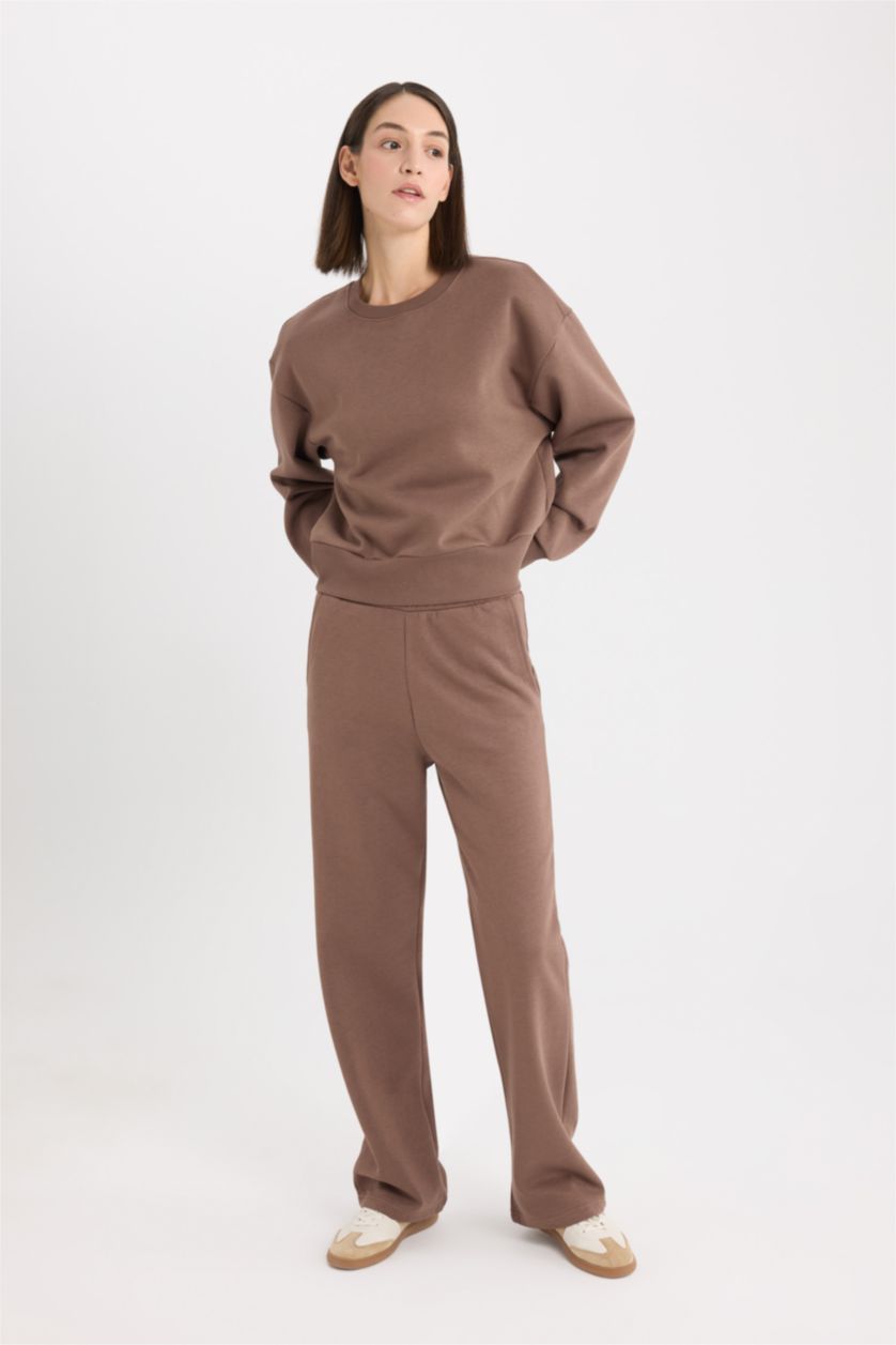 FEMME Marron Pantalon droit en tissu de sweat épais avec poches