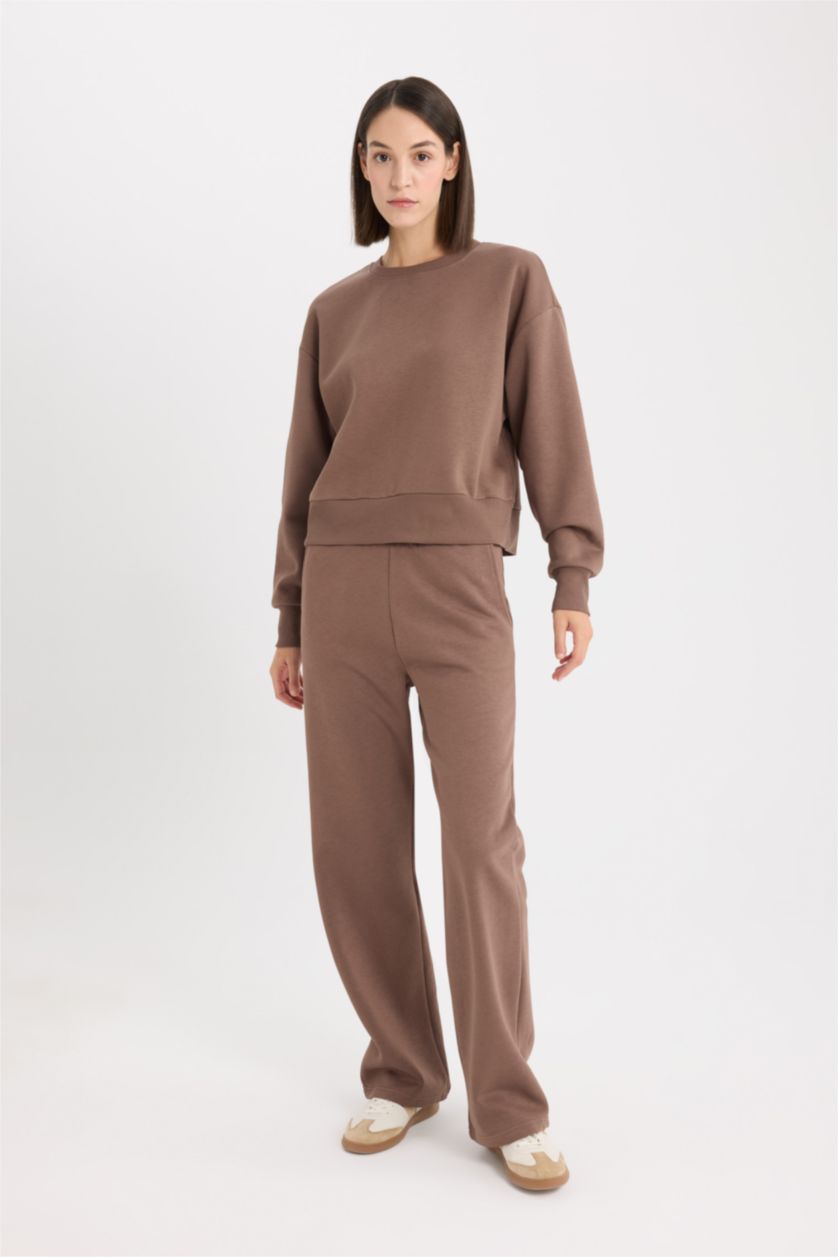 FEMME Marron Pantalon droit en tissu de sweat épais avec poches