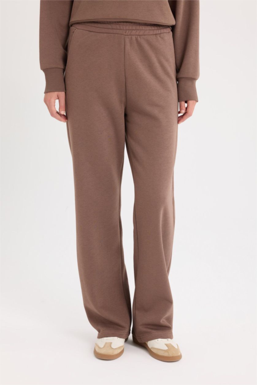 FEMME Marron Pantalon droit en tissu de sweat épais avec poches