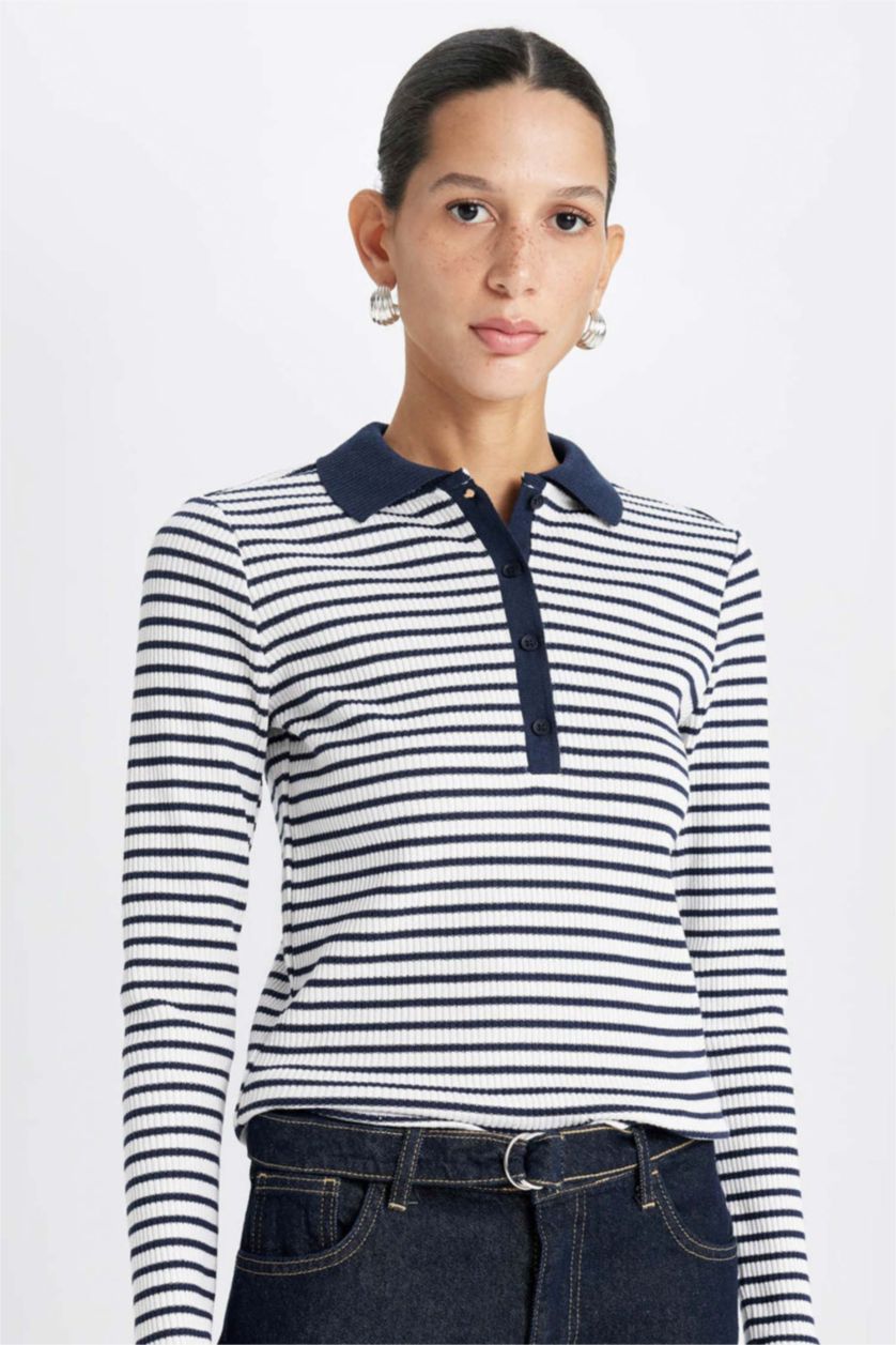 Kadın Lacivert Slim Fit Dar Kesim Polo Yaka Düğmeli Çizgili Fitilli Kaşkorse Uzun Kollu Tişört