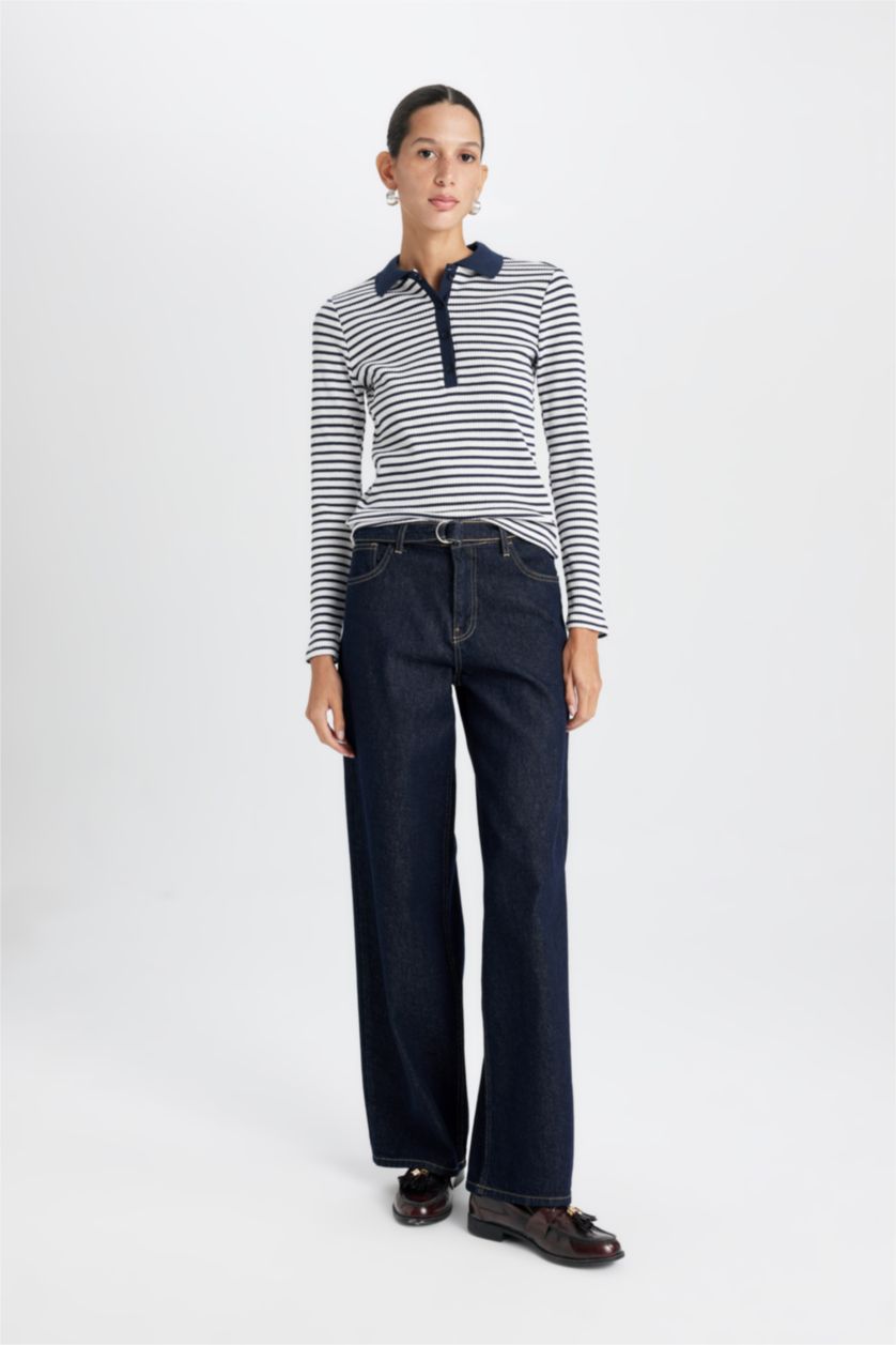 Kadın Lacivert Slim Fit Dar Kesim Polo Yaka Düğmeli Çizgili Fitilli Kaşkorse Uzun Kollu Tişört