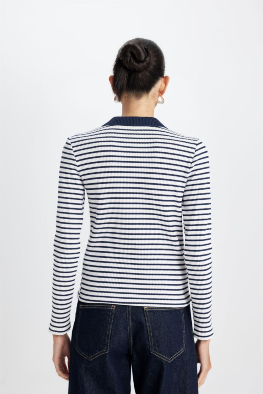 Kadın Lacivert Slim Fit Dar Kesim Polo Yaka Düğmeli Çizgili Fitilli Kaşkorse Uzun Kollu Tişört