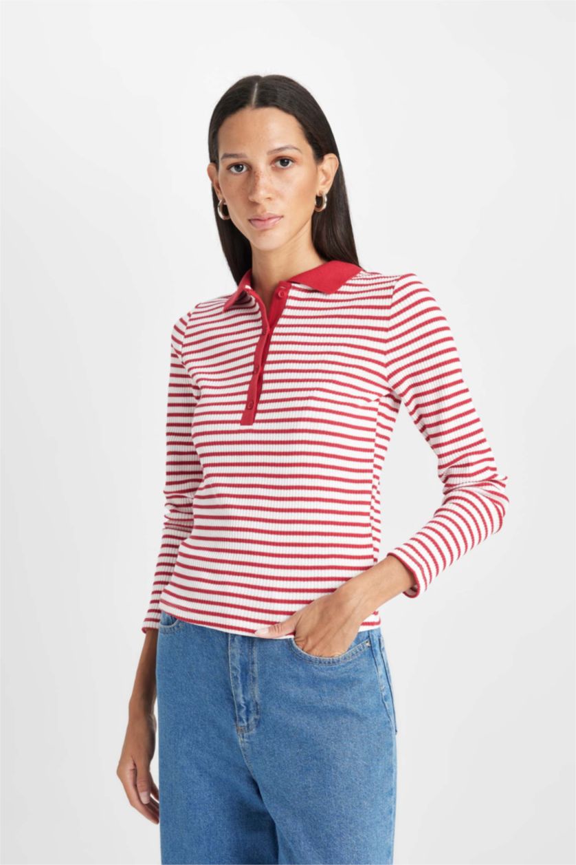 Kadın Kırmızı Slim Fit Dar Kesim Polo Yaka Düğmeli Çizgili Fitilli Kaşkorse Uzun Kollu Tişört