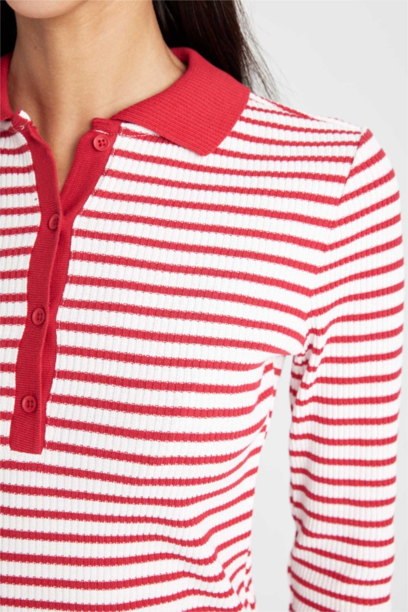 Kadın Kırmızı Slim Fit Dar Kesim Polo Yaka Düğmeli Çizgili Fitilli Kaşkorse Uzun Kollu Tişört