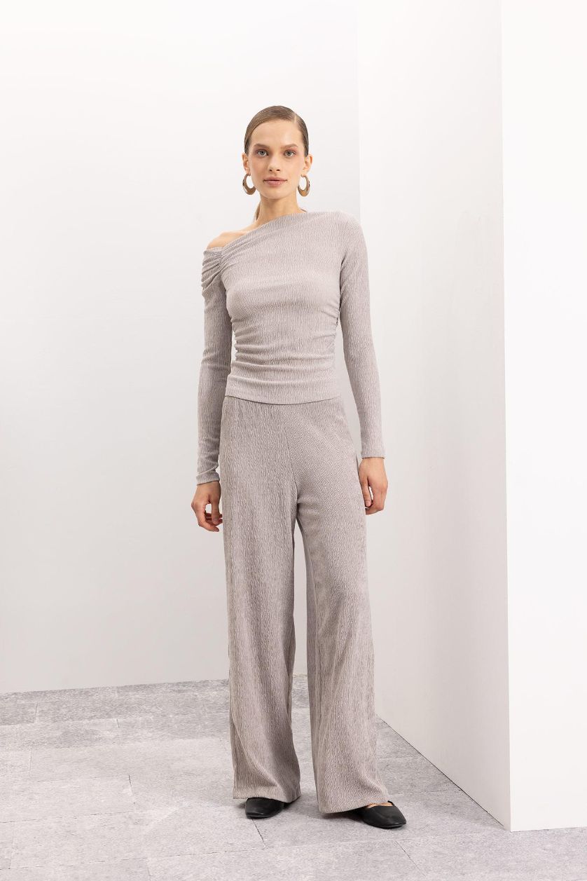 Kadın Gri Wide Leg Bürümcük Pantolon