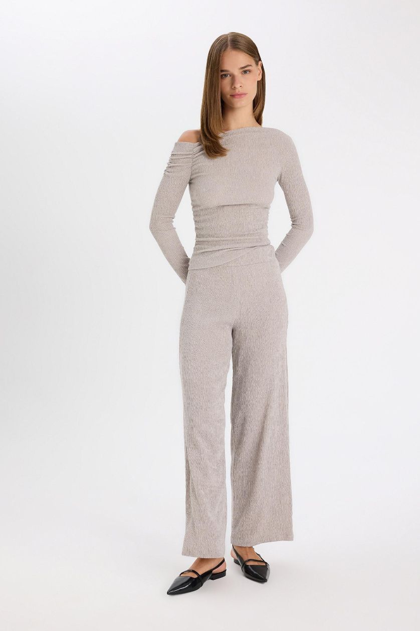 Kadın Gri Wide Leg Bürümcük Pantolon