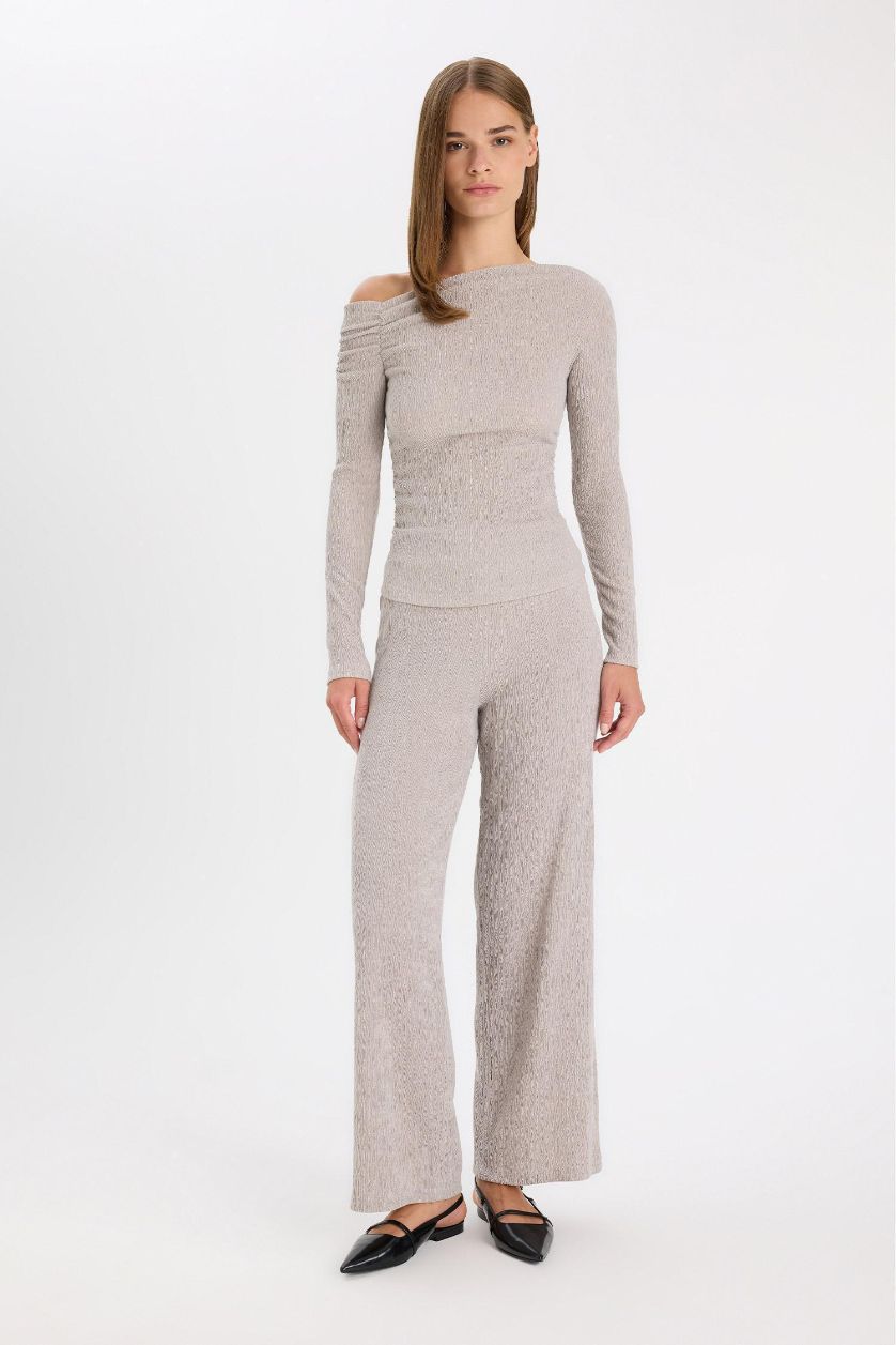 Kadın Gri Wide Leg Bürümcük Pantolon