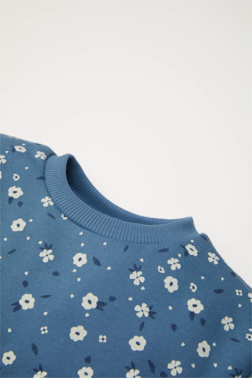 Kız Bebek Mavi Kız Bebek 2'li Takım Çiçekli Sweatshirt Üst Beli Lastikli Uzun Tayt Alt