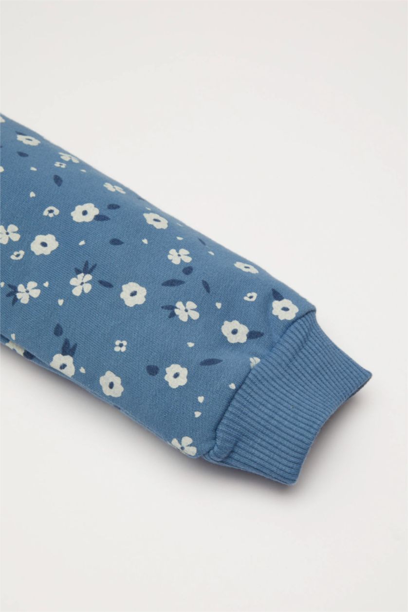 Kız Bebek Mavi Kız Bebek 2'li Takım Çiçekli Sweatshirt Üst Beli Lastikli Uzun Tayt Alt