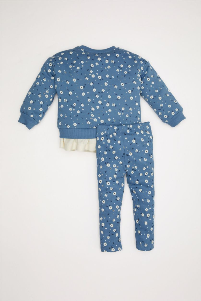Kız Bebek Mavi Kız Bebek 2'li Takım Çiçekli Sweatshirt Üst Beli Lastikli Uzun Tayt Alt