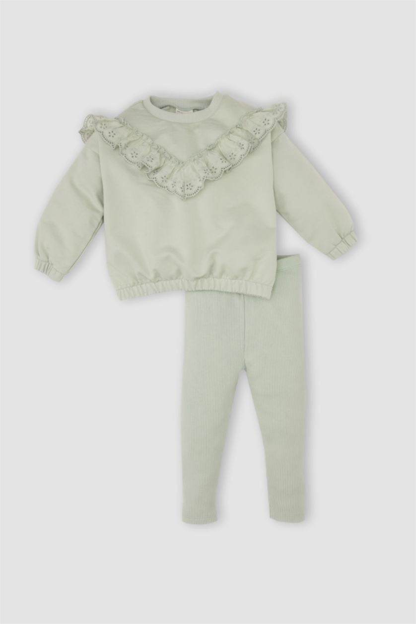 Kız Bebek Mint Kız Bebek 2'li Takım Brodeli Sweatshirt Beli Lastikli Uzun Tayt