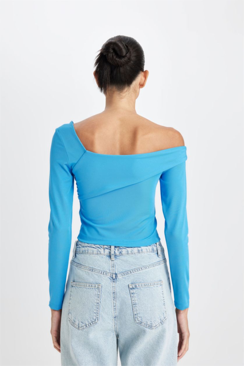 Kadın Mavi Fitted Vücuda Oturan Omzu Açık Uzun Kollu Tişört