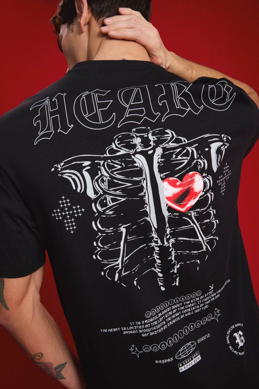 Erkek Siyah %100 Pamuk Boxy Fit Bisiklet Yaka Sırt Baskılı Kısa Kollu Tişört