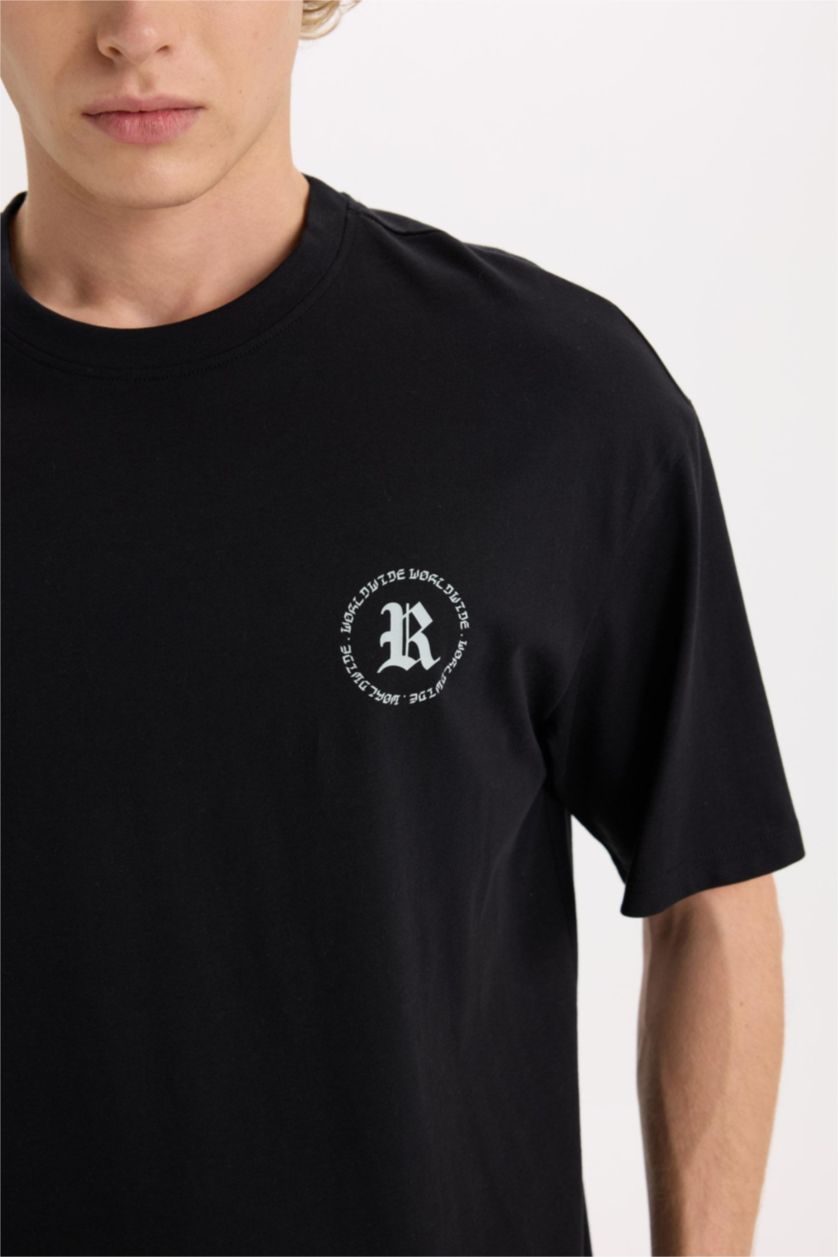 Erkek Siyah %100 Pamuk Boxy Fit Bisiklet Yaka Sırt Baskılı Kısa Kollu Tişört