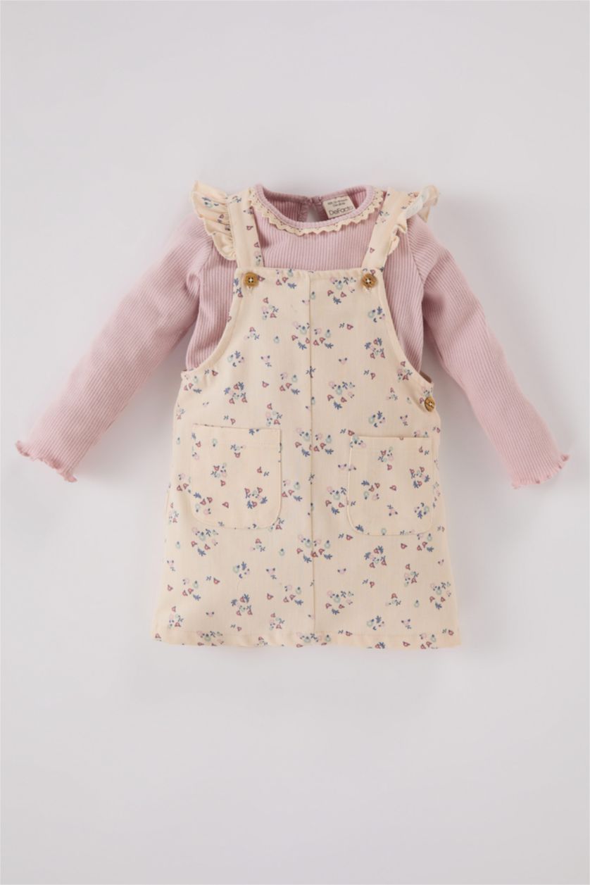 Kız Bebek Taş Kız Bebek 2'li Takım Uzun Kollu Tişört Çiçekli Gabardin Salopet Elbise