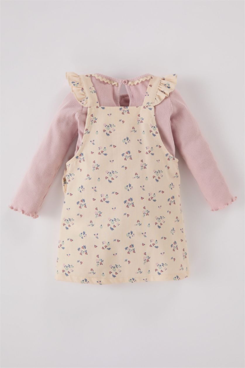 Kız Bebek Taş Kız Bebek 2'li Takım Uzun Kollu Tişört Çiçekli Gabardin Salopet Elbise