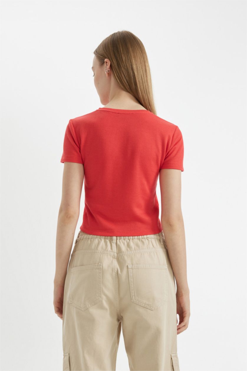 Kadın Açık Kırmızı Fitted Vücuda Oturan Waffle Basic Düz Kısa Kollu Tişört